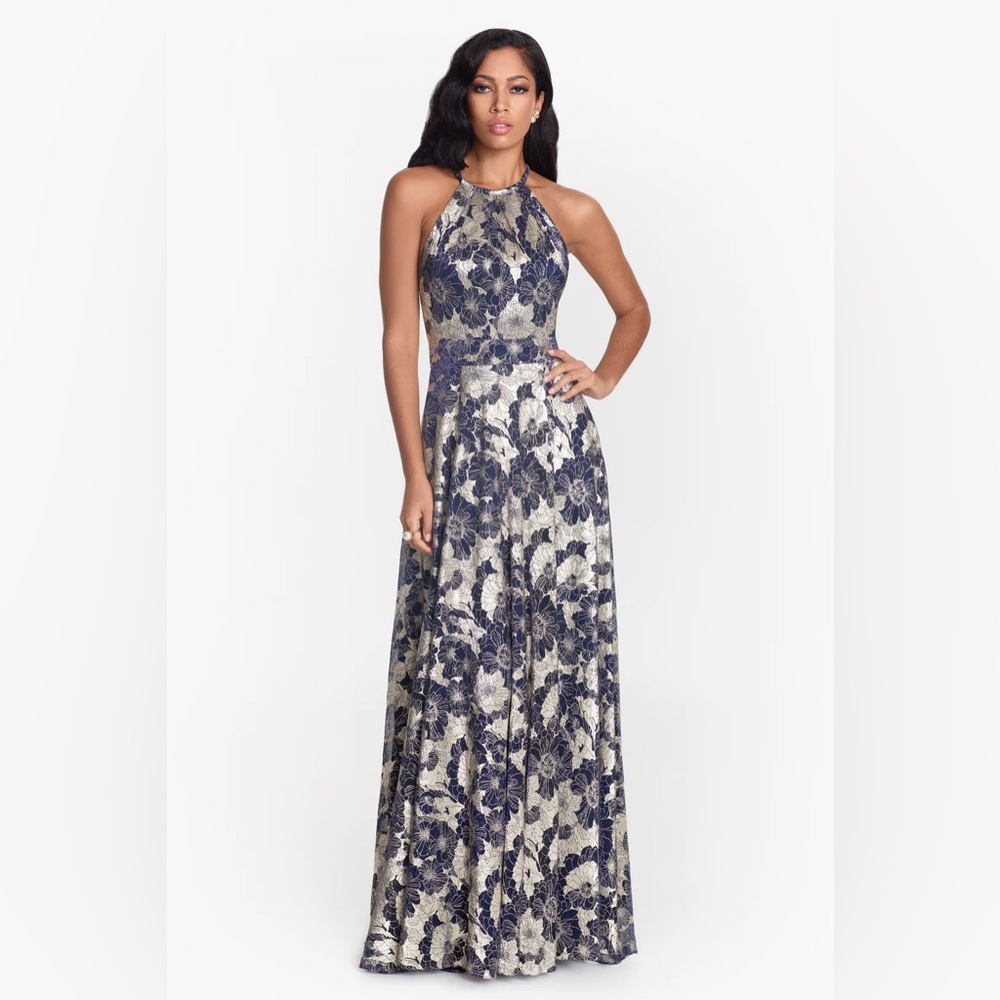 LONG HALTER TOP WRAP FOIL PRINT DRESS NAVY/GOLD 10P NWT